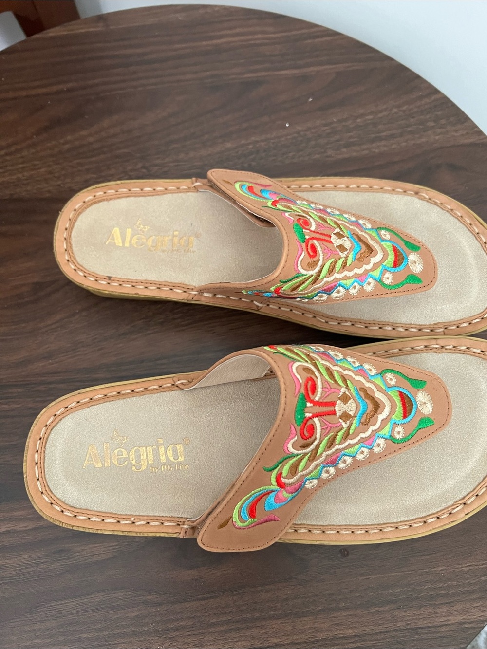 Alegria Tan Slide Sandals with Multicolor Embroidery